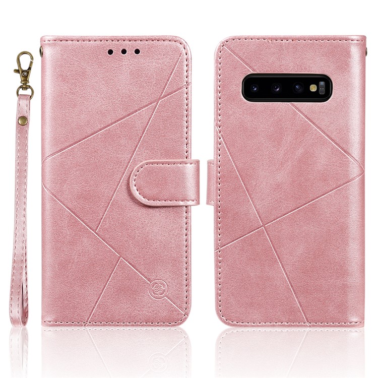 Rhombus Surface Wallet Stand Leather Phone Cover with Strap for Samsung Galaxy S10 - Rose Gold-1