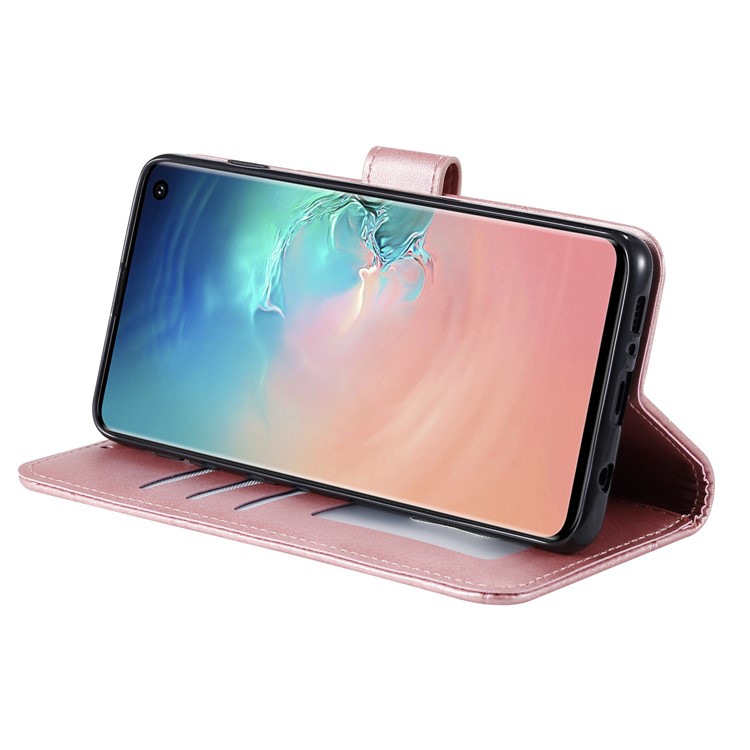 Rhombus Surface Wallet Stand Leather Phone Cover with Strap for Samsung Galaxy S10 - Rose Gold-7