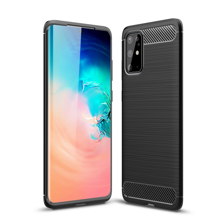 Carbon Fiber Skin Brushed TPU Cell Phone Cover for Samsung Galaxy S20 Plus - Black-1