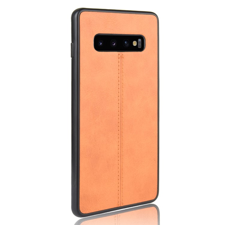 Leather Coated PC + TPU Hybrid Cover Cell Phone Case for Samsung Galaxy S10 - Yellow-4