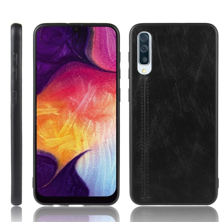 Leather Coated PC + TPU Protection Phone Shell Cover for Samsung Galaxy A70 - Black-1