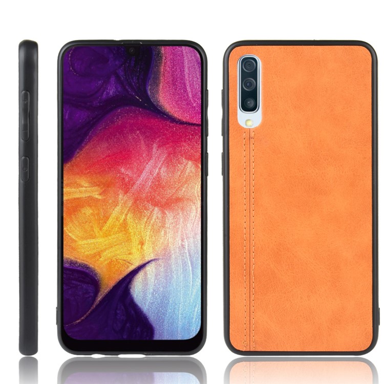Leather Coated PC + TPU Protection Phone Shell Cover for Samsung Galaxy A70 - Yellow-1