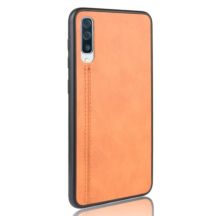 Leather Coated PC + TPU Protection Phone Shell Cover for Samsung Galaxy A70 - Yellow-4