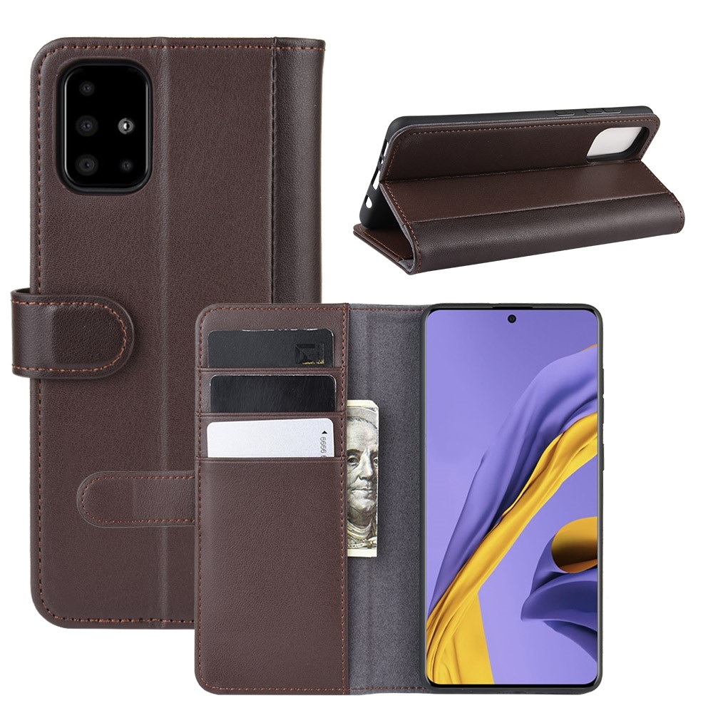 Genuine Leather Wallet Stand Phone Case for Samsung Galaxy A51 - Brown-1