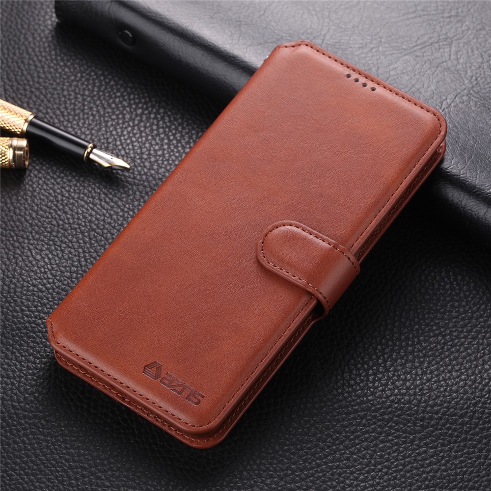 AZNS Leather Wallet Stand Phone Cover Shell for Samsung Galaxy A51 - Brown-1