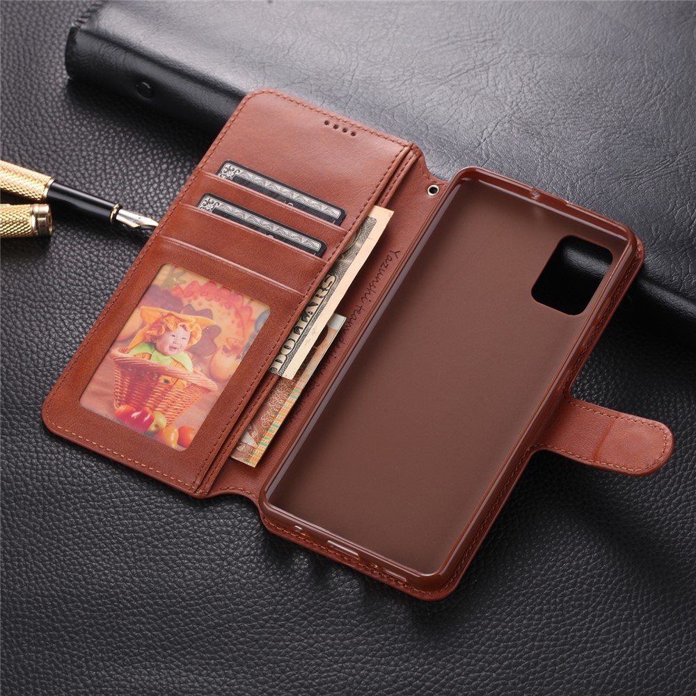 AZNS Leather Wallet Stand Phone Cover Shell for Samsung Galaxy A51 - Brown-12