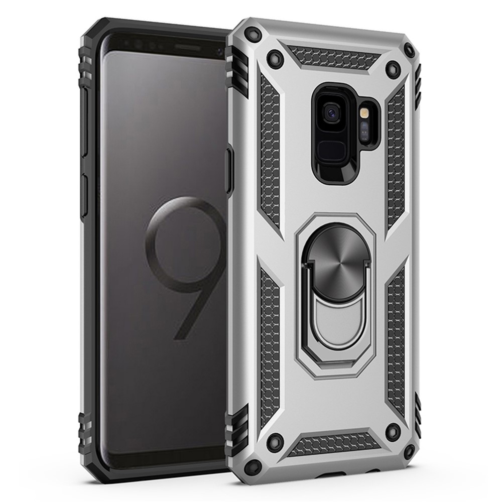 360° Rotatable Ring Kickstand Armor PC+TPU Hybrid Phone Case for Samsung Galaxy S9 - Silver