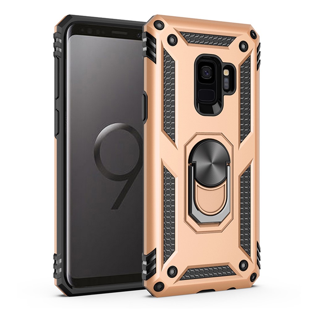 360° Rotatable Ring Kickstand Armor PC+TPU Hybrid Phone Case for Samsung Galaxy S9 - Gold