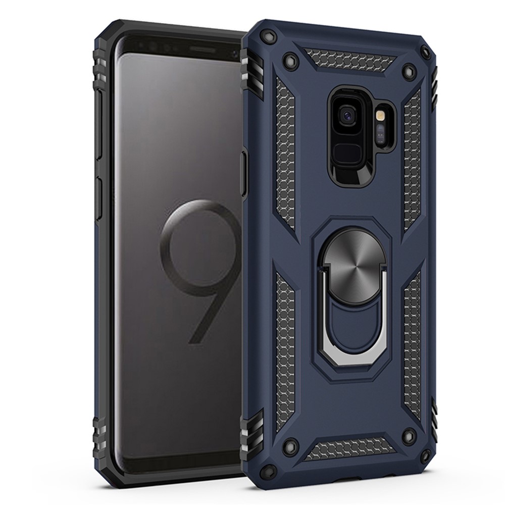 360° Rotatable Ring Kickstand Armor PC+TPU Hybrid Phone Case for Samsung Galaxy S9 - Blue