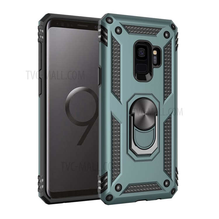360° Rotatable Ring Kickstand Armor PC+TPU Hybrid Phone Case for Samsung Galaxy S9 - Green-1