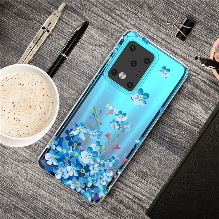 Pattern Printing IMD Clear TPU Phone Case for Samsung Galaxy S20 Ultra - Blue Flowers-5