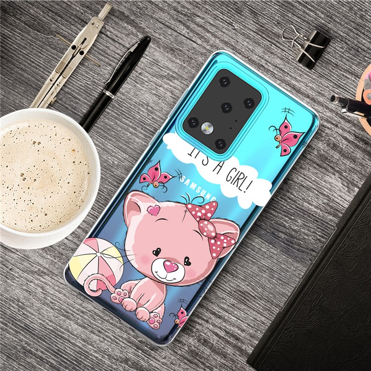 Pattern Printing IMD TPU Clear Phone Shell for Samsung Galaxy S20 Ultra - Pink Cat-5