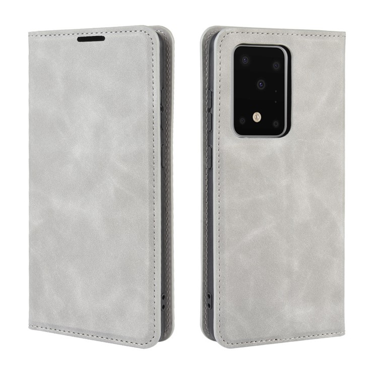 Silky Touch Leather Wallet Case for Samsung Galaxy S20 Ultra - Grey-7