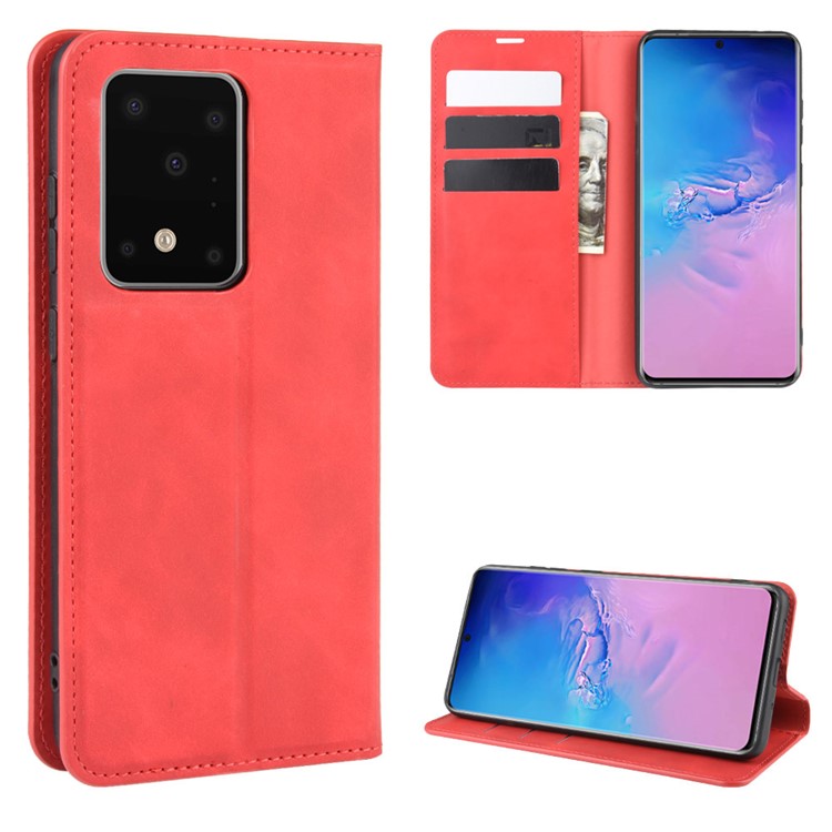 Silky Touch Leather Wallet Case for Samsung Galaxy S20 Ultra - Red-1