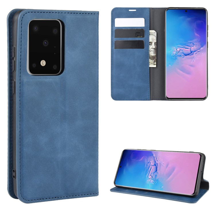 Silky Touch Leather Wallet Case for Samsung Galaxy S20 Ultra - Blue-1
