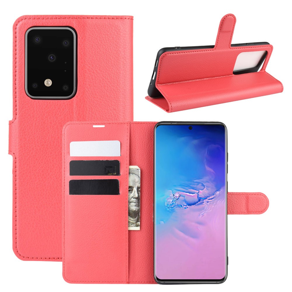 Litchi Skin Wallet Leather Stand Case for Samsung Galaxy S20 Ultra - Red-1