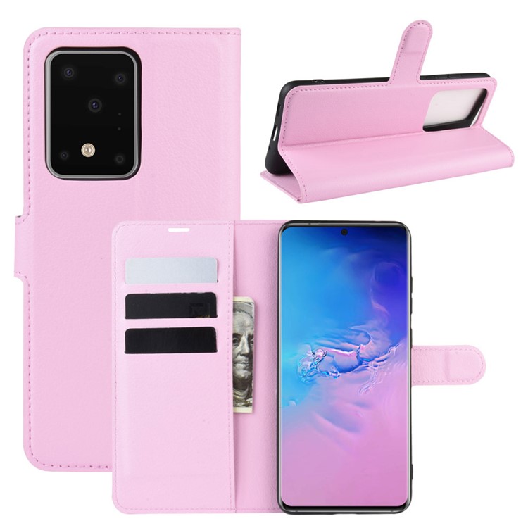Litchi Skin Wallet Leather Stand Case for Samsung Galaxy S20 Ultra - Pink-1