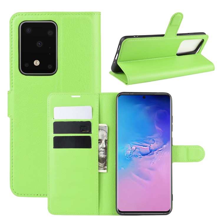 Litchi Skin Wallet Leather Stand Case for Samsung Galaxy S20 Ultra - Green-1