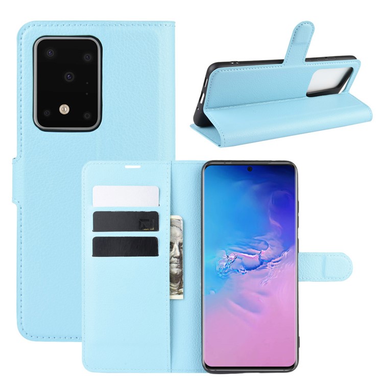 Litchi Skin Wallet Leather Stand Case for Samsung Galaxy S20 Ultra - Baby Blue-1