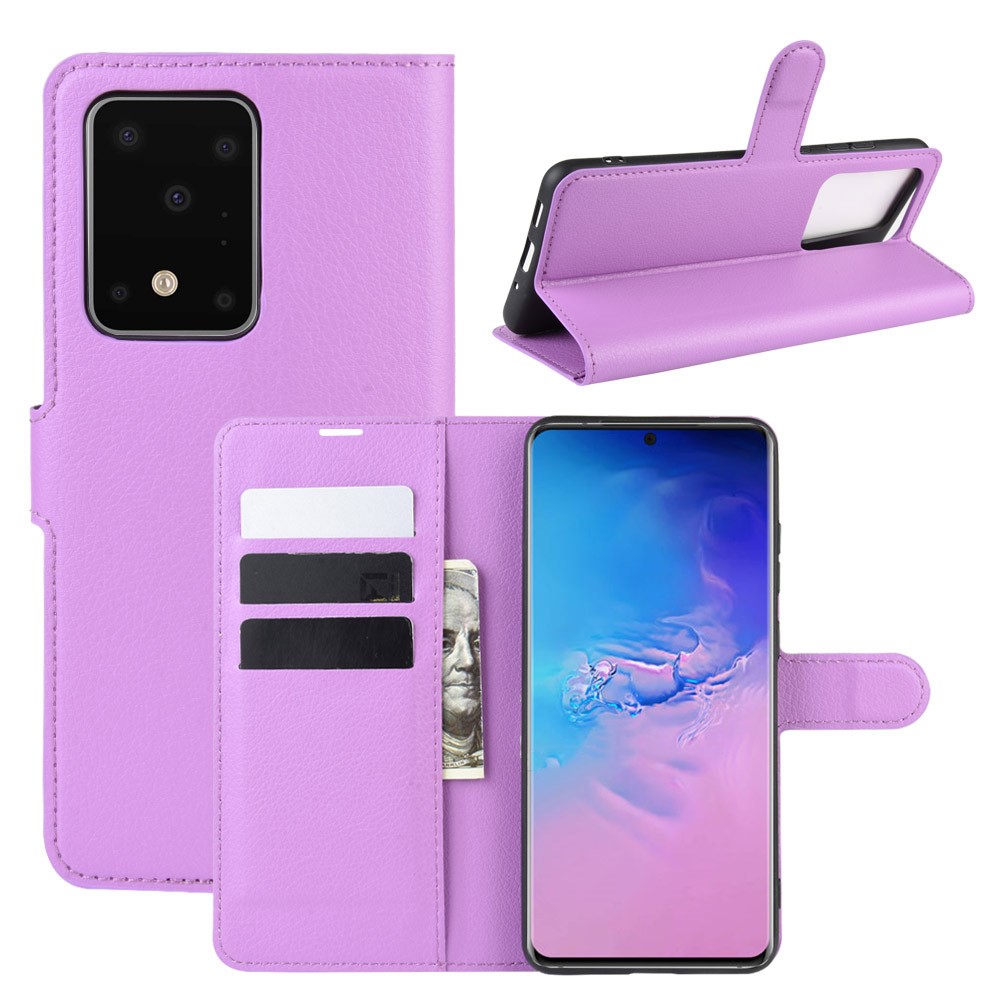 Litchi Skin Wallet Leather Stand Case for Samsung Galaxy S20 Ultra - Purple-1