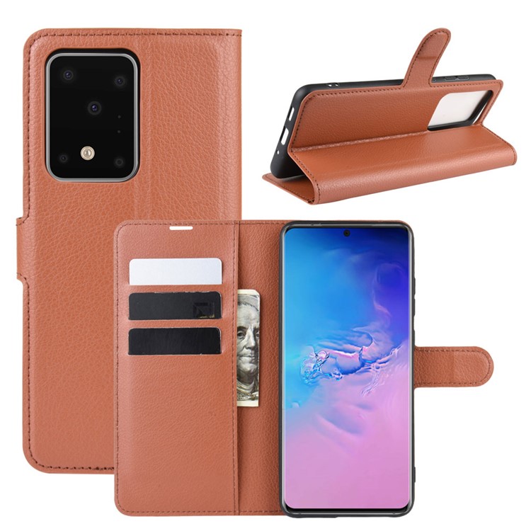 Litchi Skin Wallet Leather Stand Case for Samsung Galaxy S20 Ultra - Brown-1