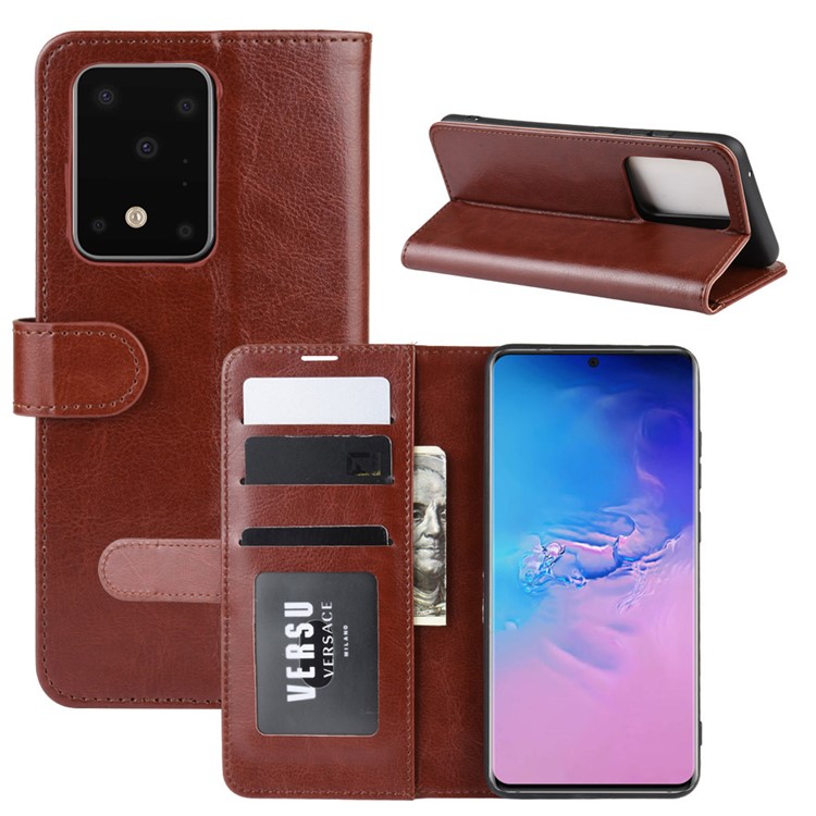 Crazy Horse Wallet Leather Stand Case for Samsung Galaxy S20 Ultra - Brown-1
