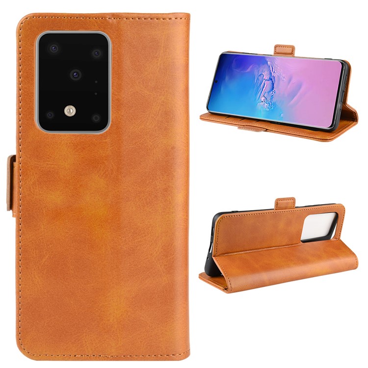Magnetic Double Clasp Leather Wallet Stand Case for Samsung Galaxy S20 Ultra - Brown-1