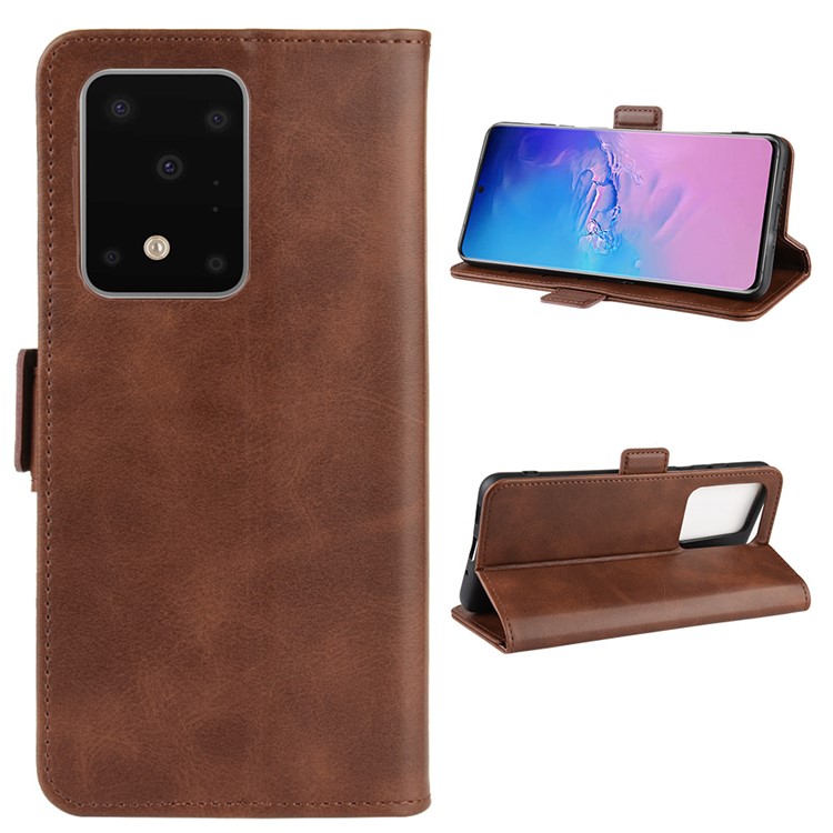 Magnetic Double Clasp Leather Wallet Stand Case for Samsung Galaxy S20 Ultra - Coffee-1