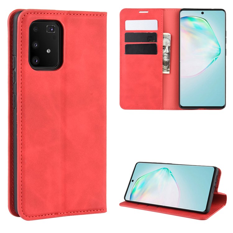 Silky Touch Leather Wallet Case for Samsung Galaxy A91/S10 Lite/M80s - Red-1