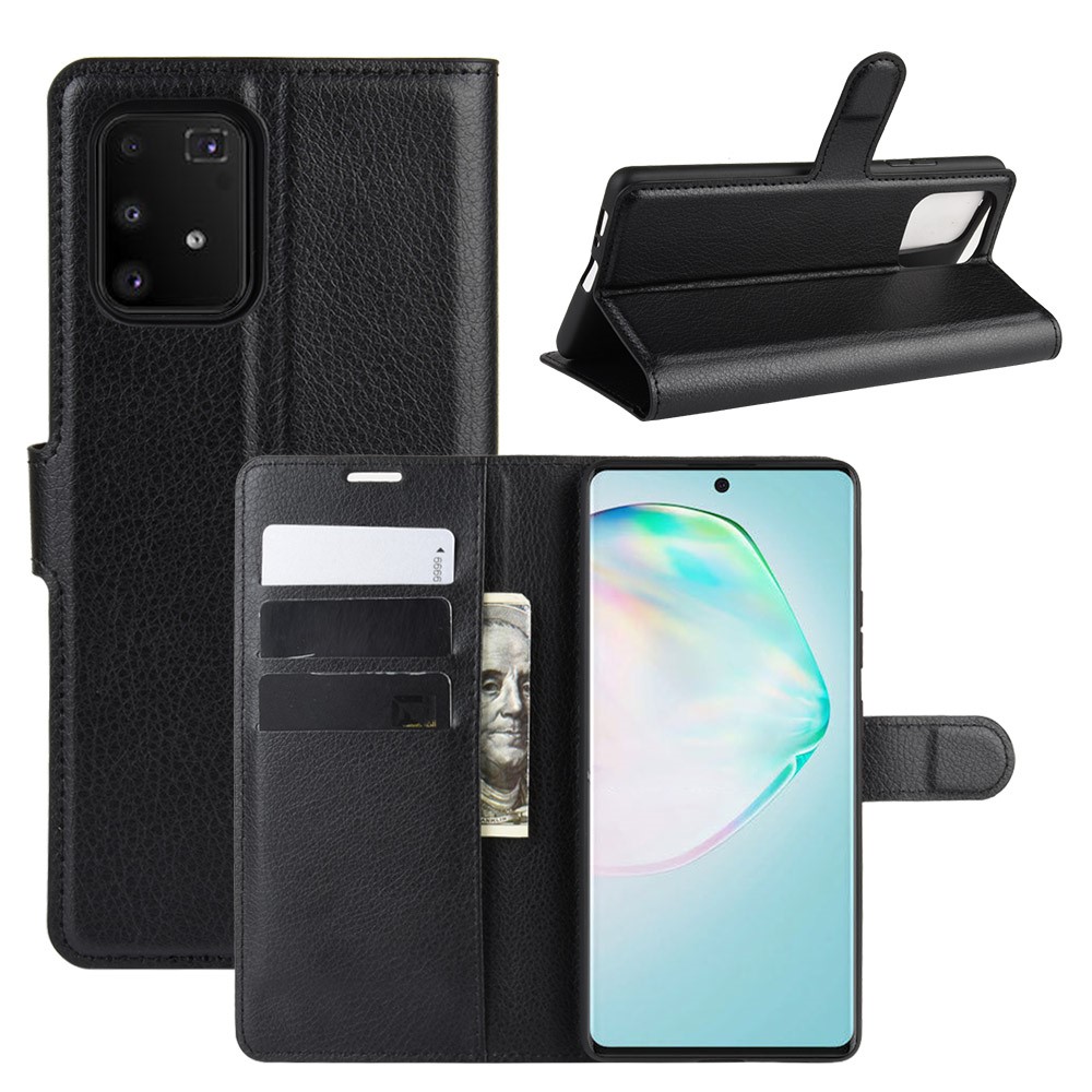 Litchi Skin Wallet Leder Stand Fall Für Samsung Galaxy A91 / M80s / S10 Lite - Schwarz