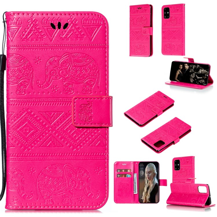 Imprint Elephant PU Leather Wallet Stand Case for Samsung Galaxy A51 - Rose-1