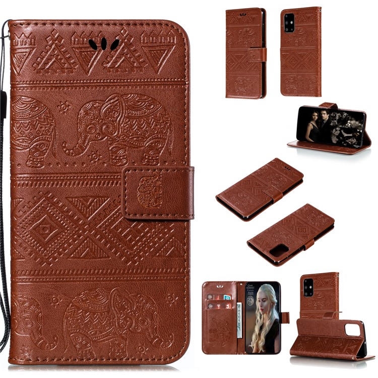 Imprint Elephant PU Leather Wallet Stand Case for Samsung Galaxy A51 - Brown-1