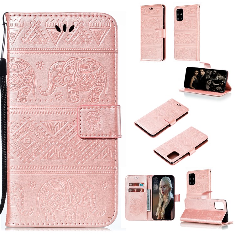 Imprint Elephant PU Leather Wallet Stand Case for Samsung Galaxy A51 - Rose Gold-1