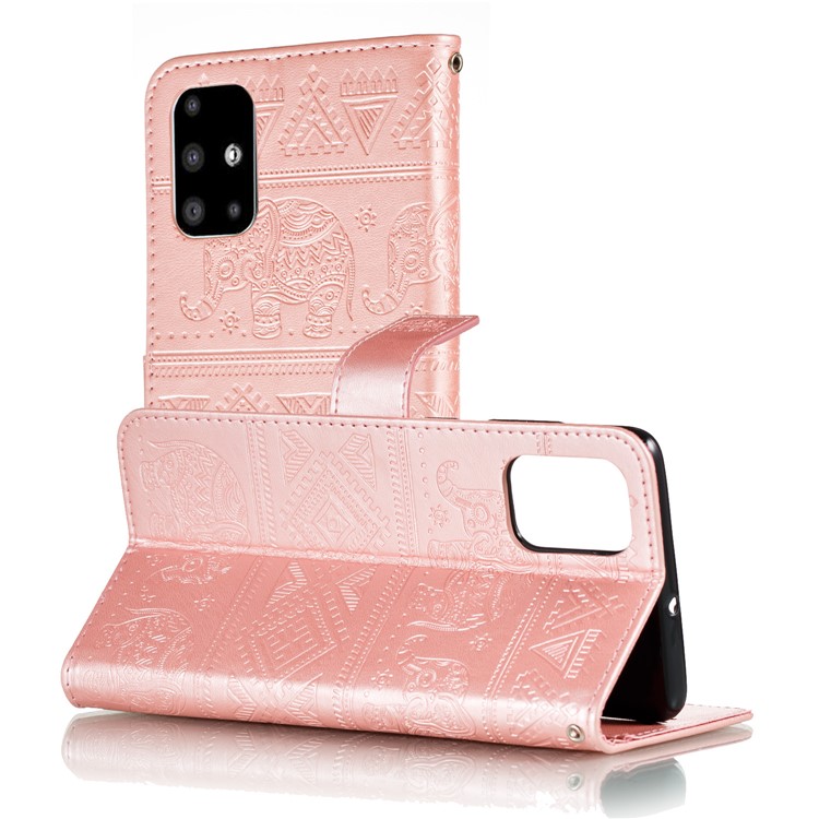 Imprint Elephant PU Leather Wallet Stand Case for Samsung Galaxy A51 - Rose Gold-7