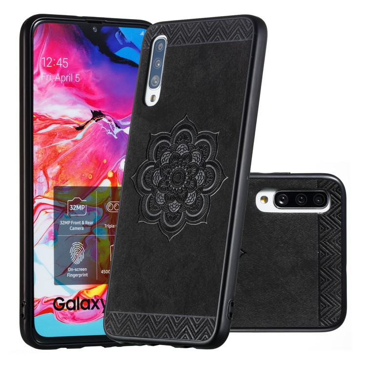 Imprint Mandala Flower PU Leather Coated Hybrid Case for Samsung Galaxy A70 - Black-1