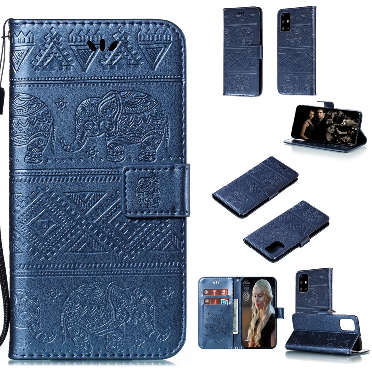 Imprint Elephant Wallet Stand Leather Shell Case for Samsung Galaxy A71 - Dark Blue-1