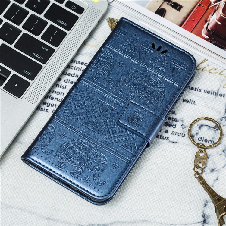 Imprint Elephant Wallet Stand Leather Shell Case for Samsung Galaxy A71 - Dark Blue-11