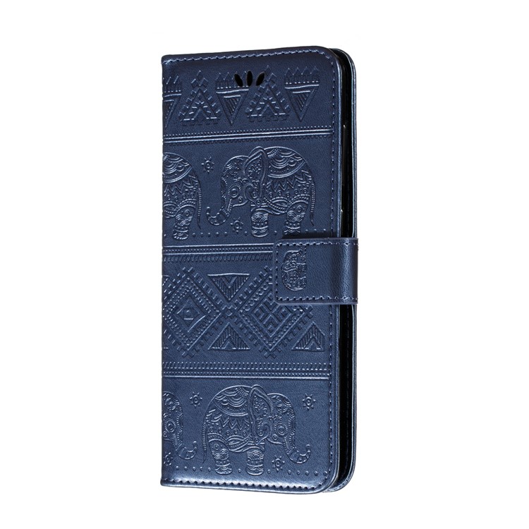 Imprint Elephant Wallet Stand Leather Shell Case for Samsung Galaxy A71 - Dark Blue-3