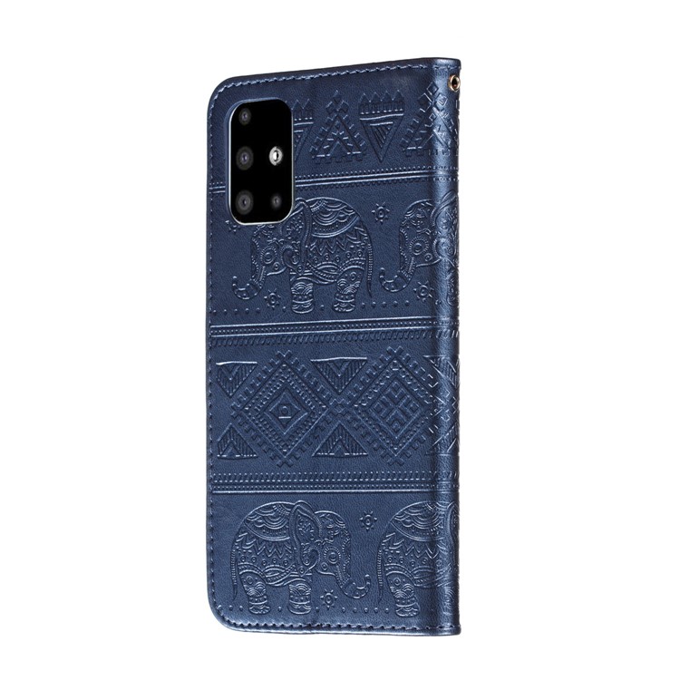 Imprint Elephant Wallet Stand Leather Shell Case for Samsung Galaxy A71 - Dark Blue-4