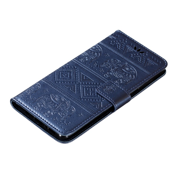 Imprint Elephant Wallet Stand Leather Shell Case for Samsung Galaxy A71 - Dark Blue-5