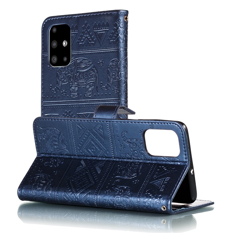 Imprint Elephant Wallet Stand Leather Shell Case for Samsung Galaxy A71 - Dark Blue-7