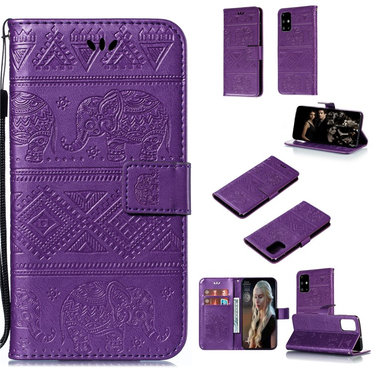 Imprint Elephant Wallet Stand Leather Shell Case for Samsung Galaxy A71 - Purple-1