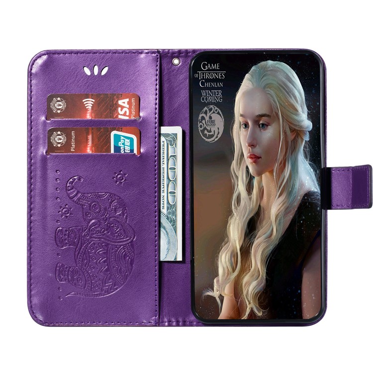 Imprint Elephant Wallet Stand Leather Shell Case for Samsung Galaxy A71 - Purple-10