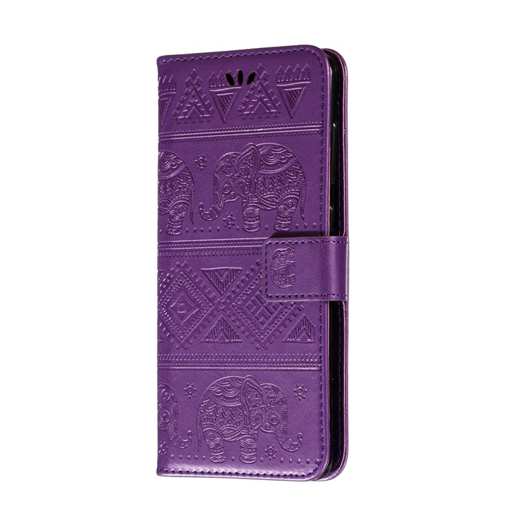 Imprint Elephant Wallet Stand Leather Shell Case for Samsung Galaxy A71 - Purple-3