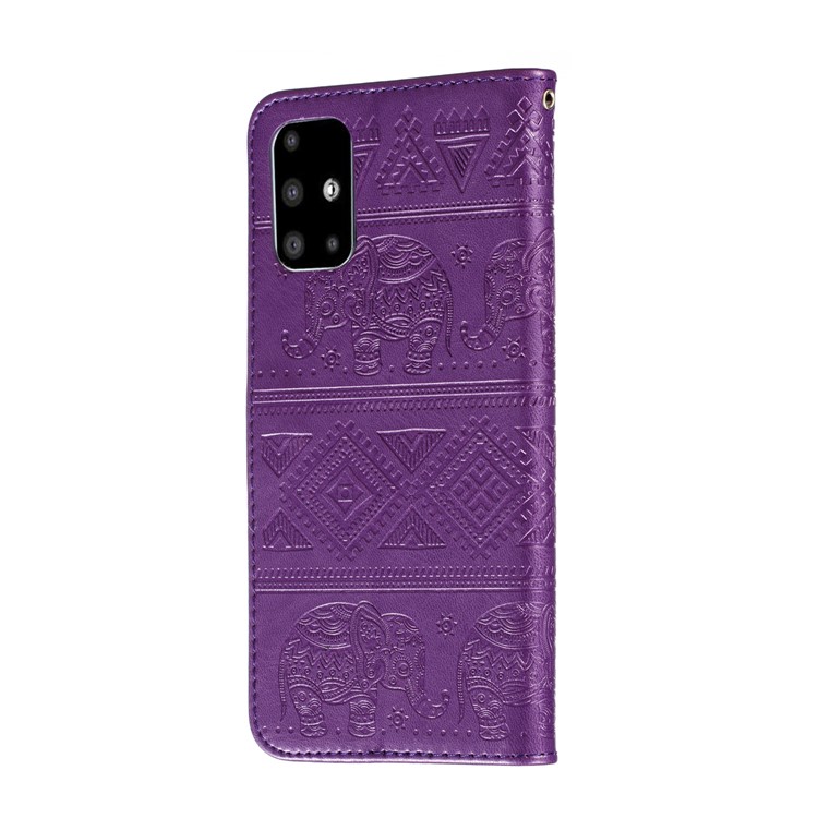 Imprint Elephant Wallet Stand Leather Shell Case for Samsung Galaxy A71 - Purple-4
