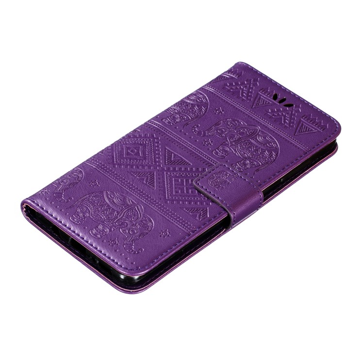 Imprint Elephant Wallet Stand Leather Shell Case for Samsung Galaxy A71 - Purple-5