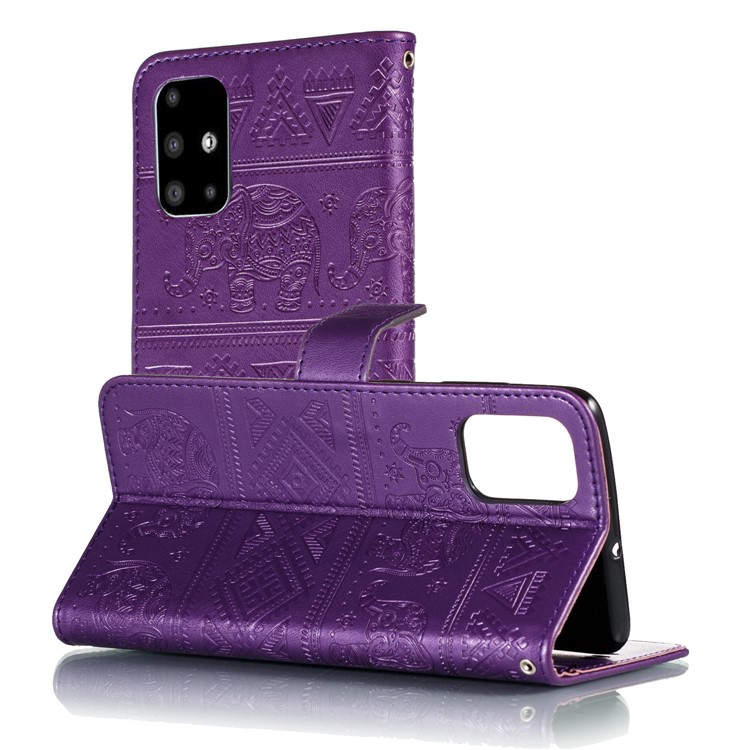 Imprint Elephant Wallet Stand Leather Shell Case for Samsung Galaxy A71 - Purple-7