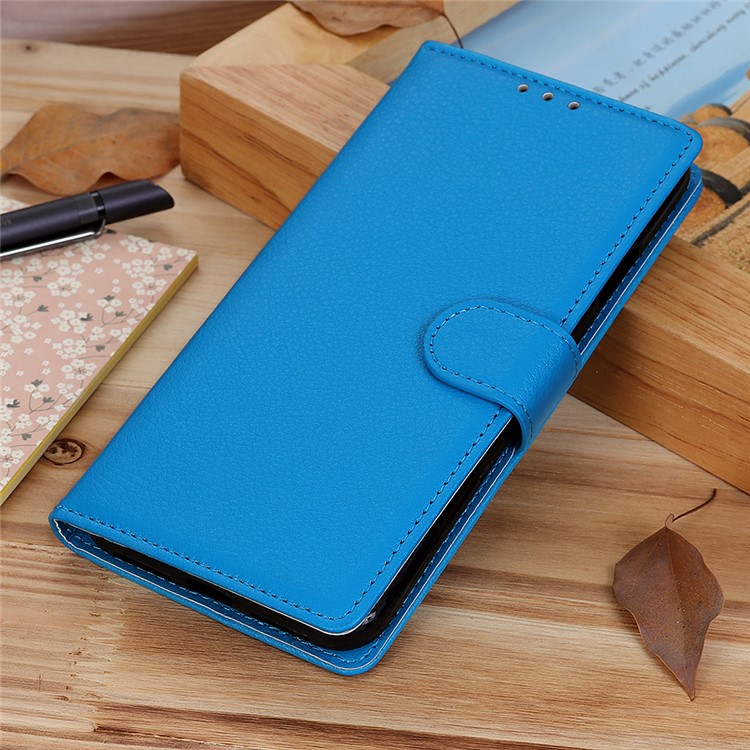 Litchi Skin Wallet Leather Stand Caso Para Samsung Galaxy A01 - Azul