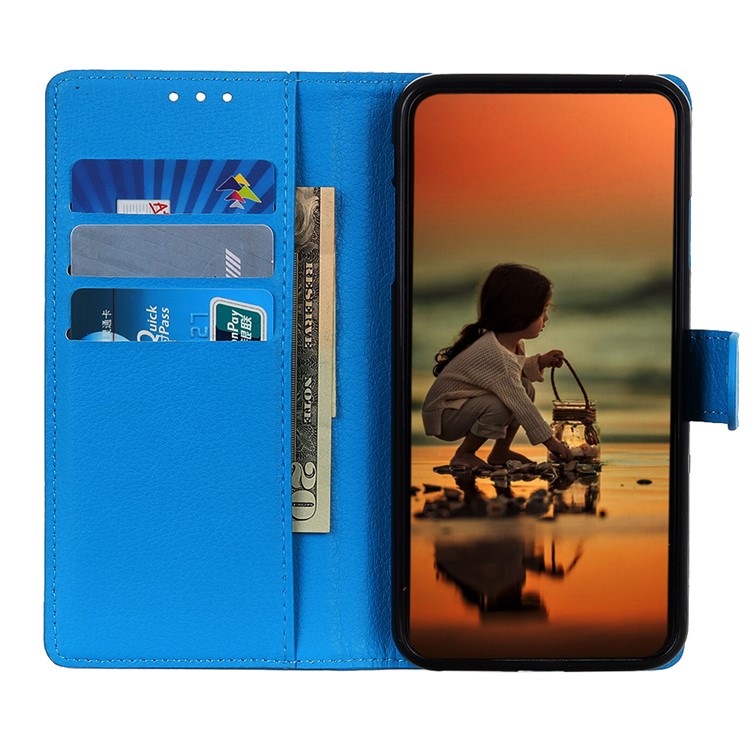 Litchi Skin Wallet Leather Stand Caso Para Samsung Galaxy A01 - Azul