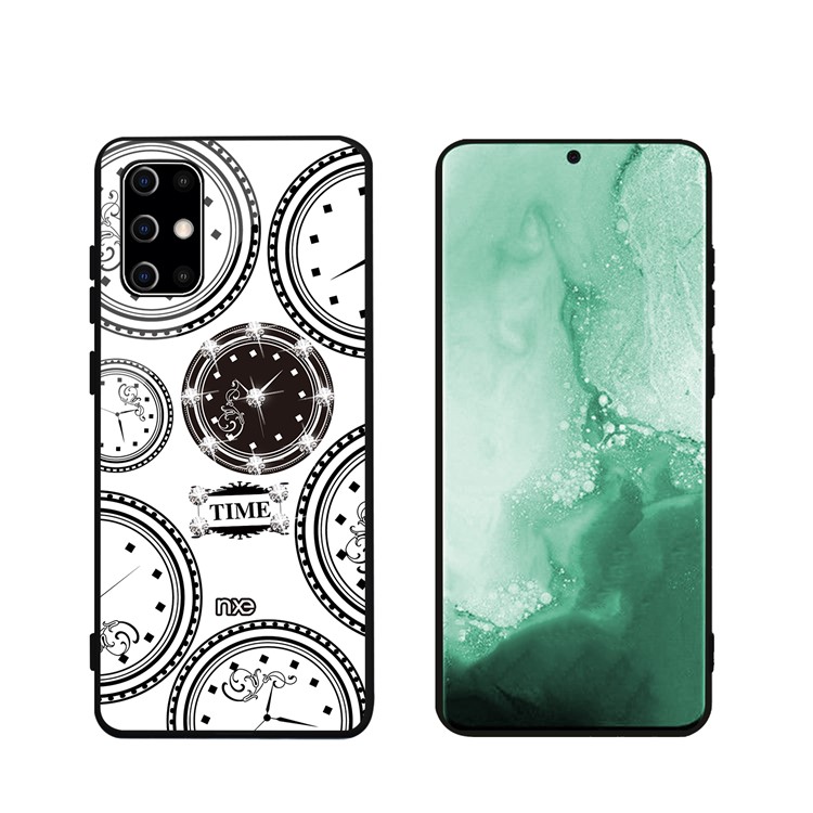 NXE TIME Series Clock Pattern Printing Rhinestone Decor Tempered Glass TPU Hybrid Case for Samsung Galaxy S20 - White-4
